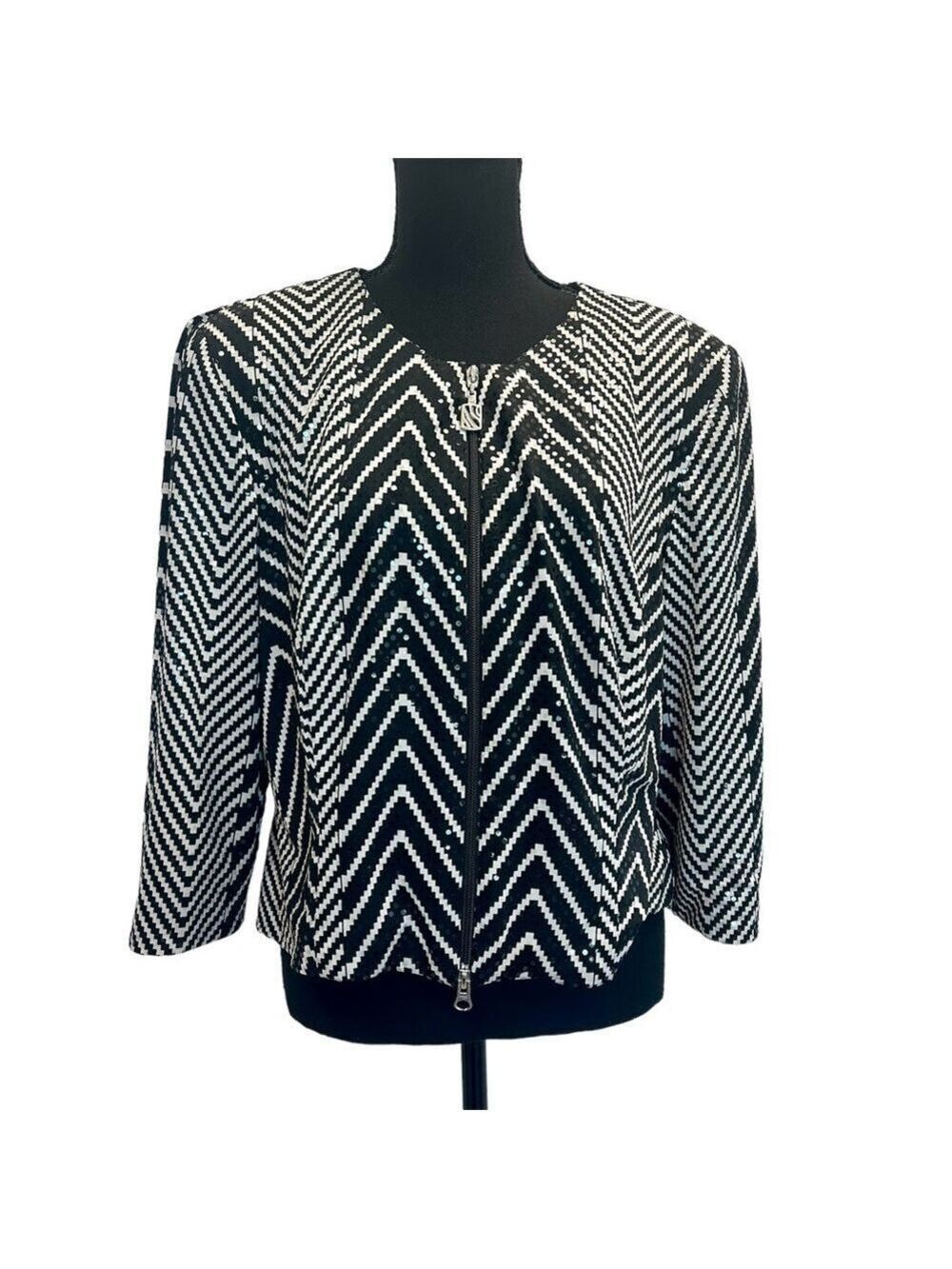 Joseph Ribkoff black white sequin zip up evening jacket Sz 18
